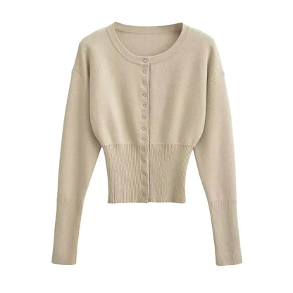 Women's High Waist Round Neck Single Breasted Cardigan Solid Long Sleeve Short Sweater Top Autumn Slim Bottoming Shirt.