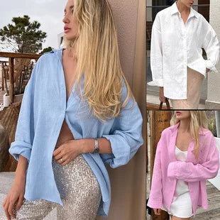 2025 Women's Oversize Shirt Long-sleeved Button Cardigan Pink Lapel Simple Korean Version White Top Blue Blouses for Female.