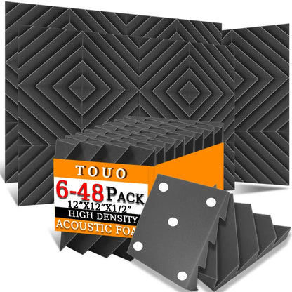 TOUO Acoustic Foam 6/12/12/48 Pcs Offices Acoustic Treatment Flame-Retardant High-Density Diamond Groove Soundproof Foam Panels