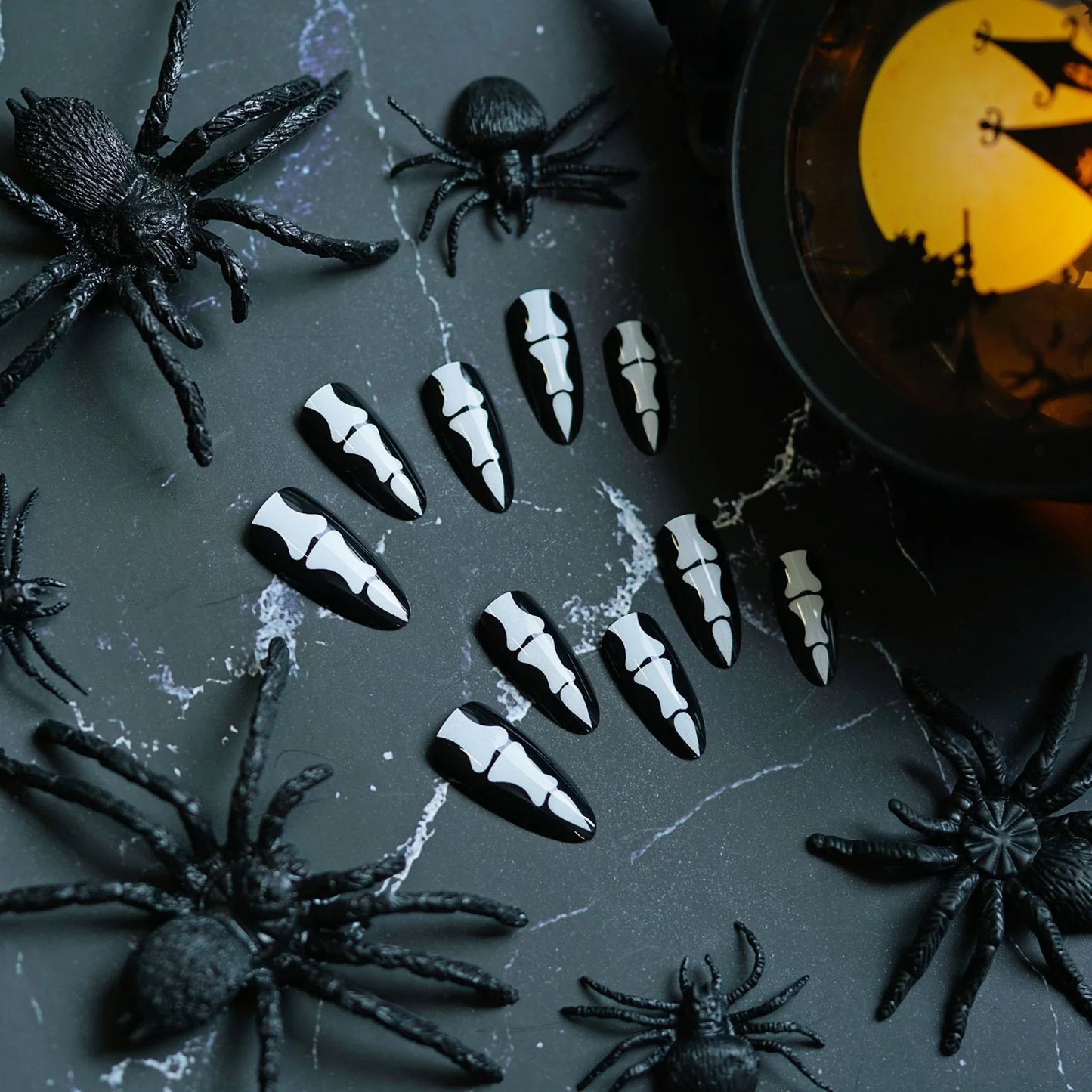 24Pcs Gothic Halloween Press On Nails - Creepy Skeleton Finger Fake Nails, Long Almond Black/White Acrylic False Nails Patches.