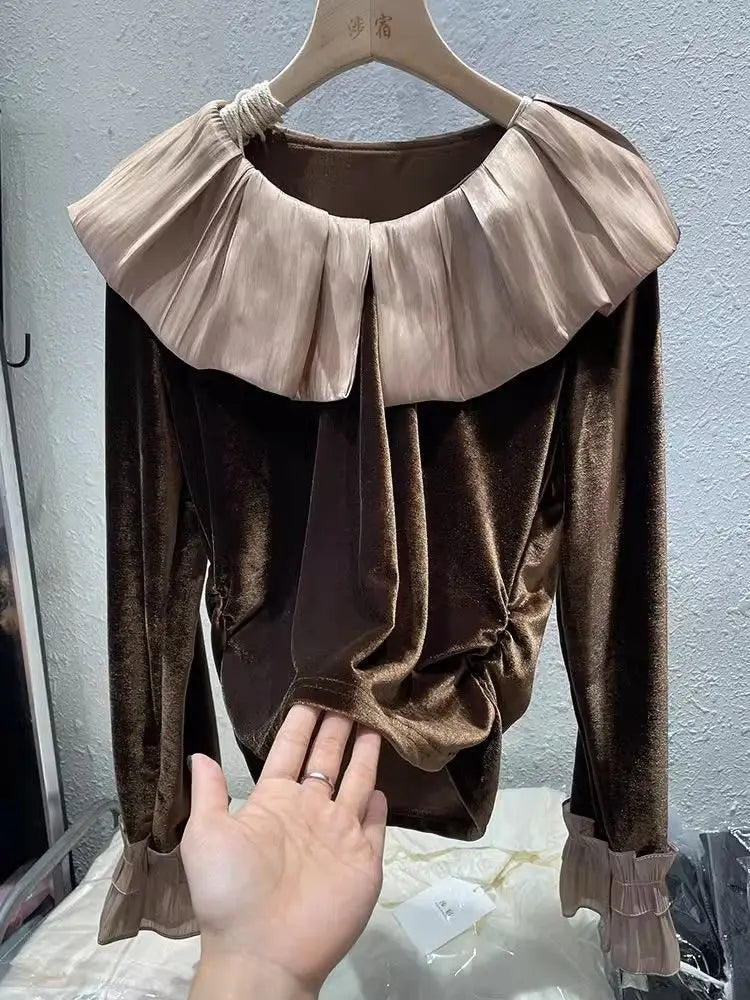 Autumn Korean Patchwork Solid Color Peter Pan Collar T-Shirts Female Temperament Ruffles T-Shirts Women Clothing All-match Tops.