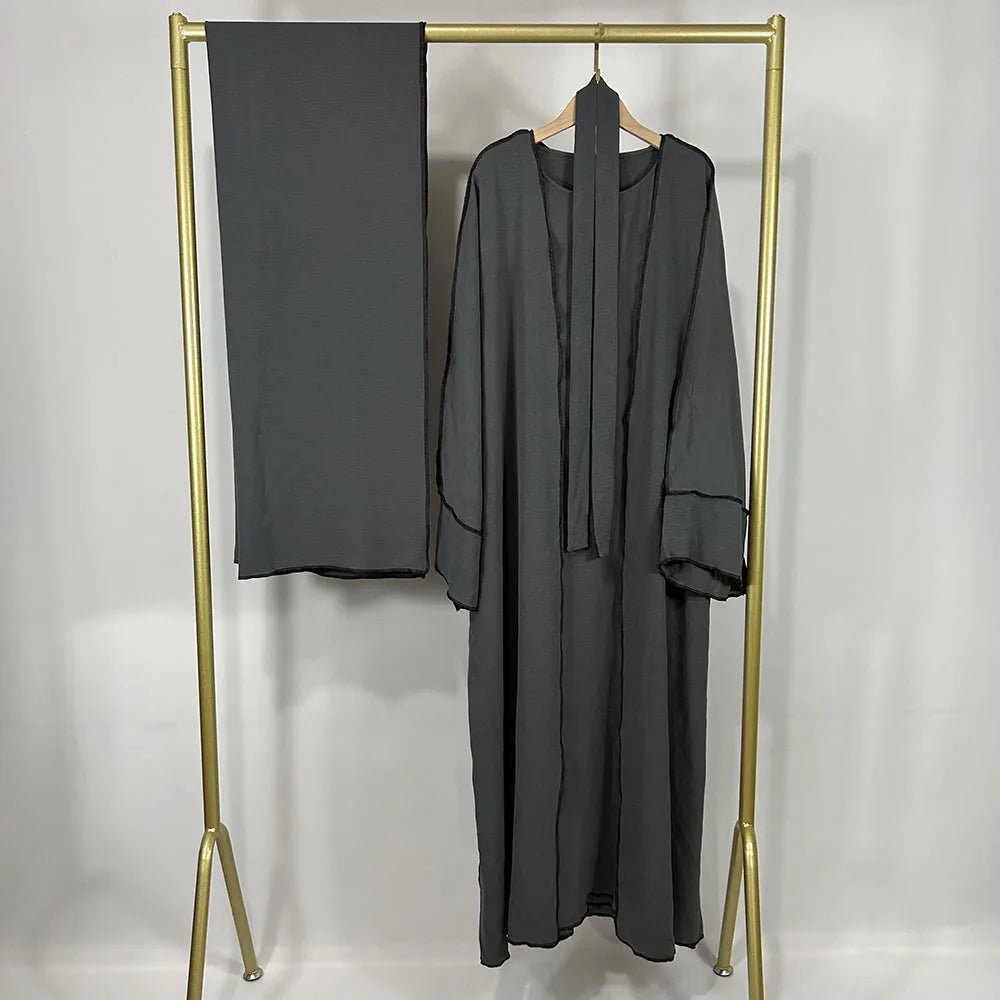 Three Piece Abaya Set With Hijab Free Belt Jazz Crepe Kimono Sleeveless Under Dress EID Ramadan Muslim Women Islamic Clothing.