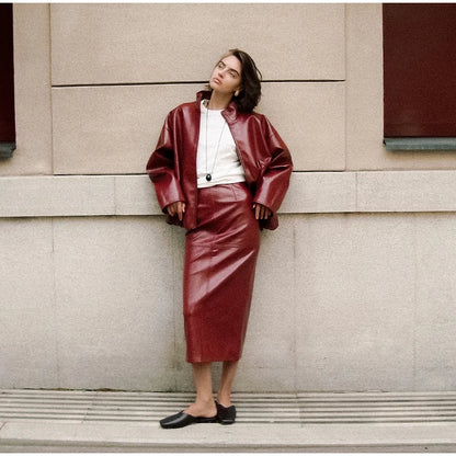 Stylish Leather Solid Jacket Pants Set Women Stand Collar Zipper Coat Loose Trousers Sets Female 2025 Autumn Fashion Streetwears