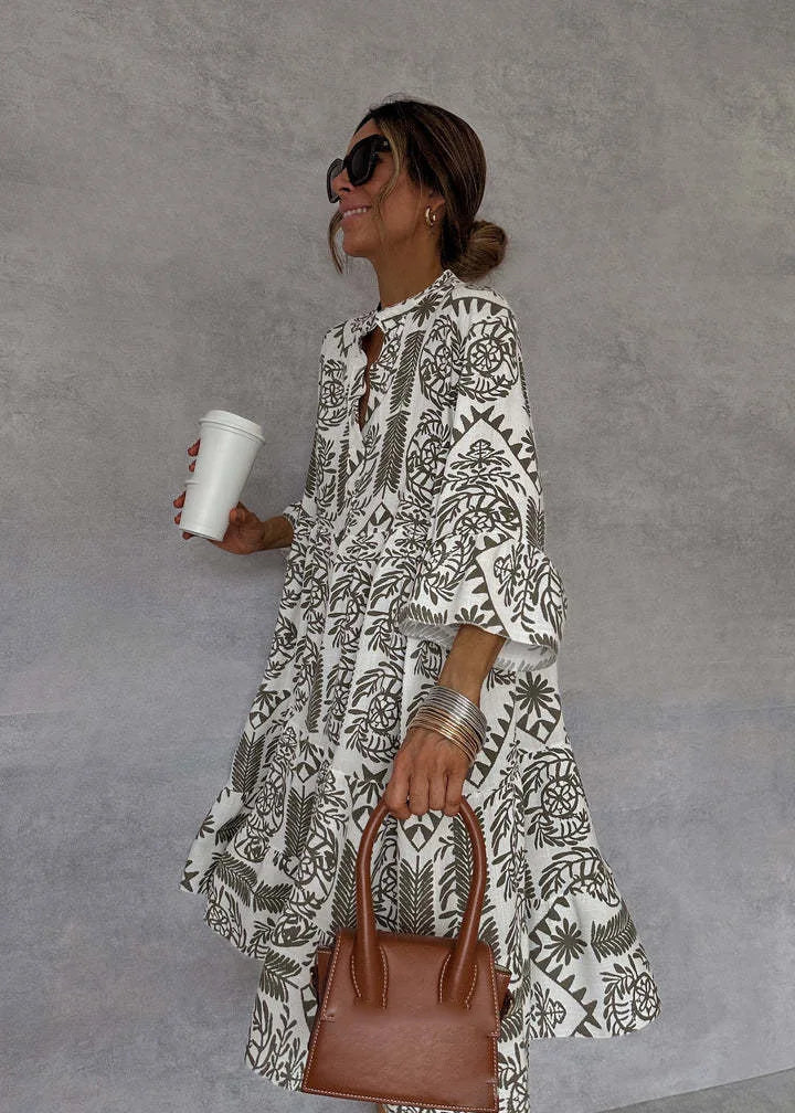 Neue Stil Casual Print Drei-viertel Hülse Hemd Kleid Für Frauen Sommer Mode V-ausschnitt Lose Urlaub Casual Kleider robe Femme.