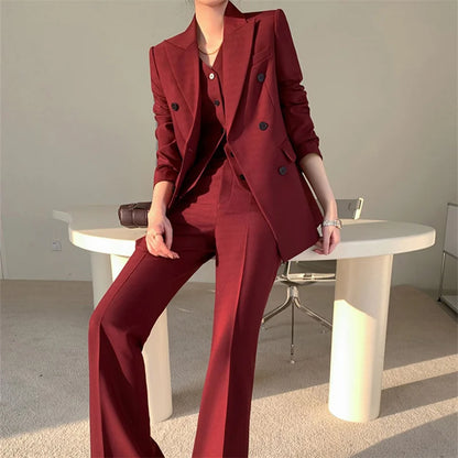 Burgundy Suit Set Women Spring 2023 Office Ladies Lapel Single Breasted Vest Wide Leg Pants Blazer Three Piece Set.