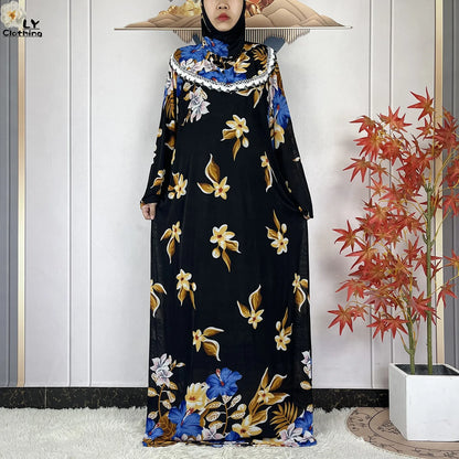 Muslim Ramadan Prayer For Women Long Sleeved Floral 2023Dubai Turkey Middle East Femme Loose Robe African Abayas Headscarf Dress
