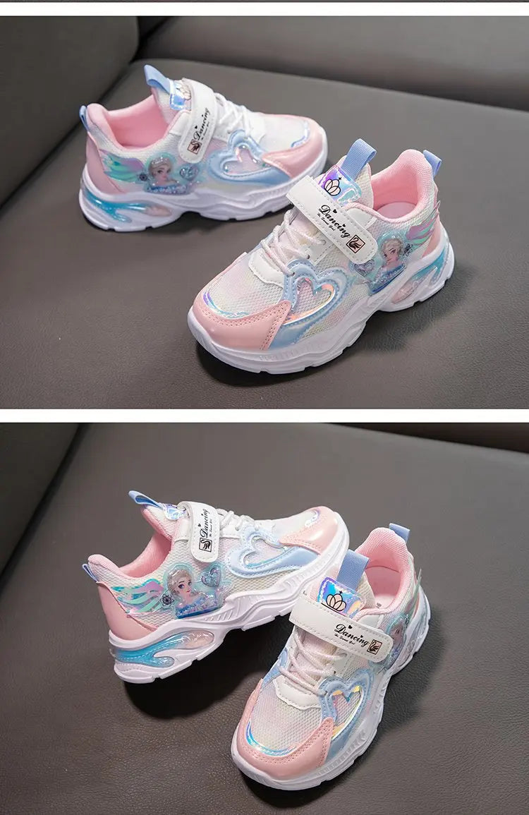 Disney Girls' Casual Shoes Frozen Priness Elsa Sneakers Mesh Leather White Breathable Sole Children's Sport Shoes Size 26-37.