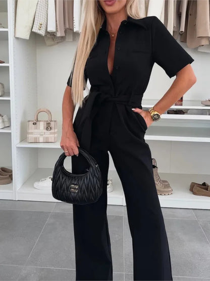 New Spring Summer Women Jumpsuits, Elegant Office Lady Jumpsuit Solid Color Belt Short Sleeve Casual Overalls Wide Leg Pants.