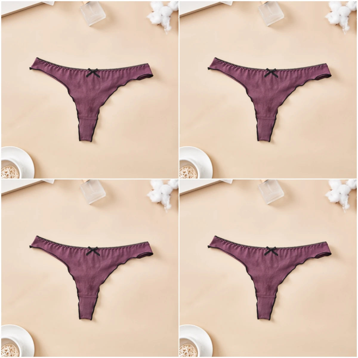 4pcs women's cotton solid color thong sexy comfortable women's underwear daily breathable T-back knitted bow cute girl low-waist