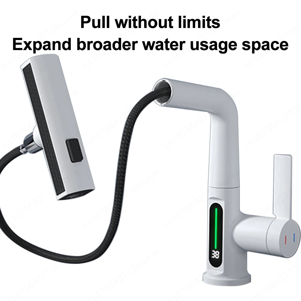 Waterfall Pull Out Kitchen Faucet White Intelligent Digital Display Cold Hot Mixer Taps Rotatable Sink Lifting Basin Faucet