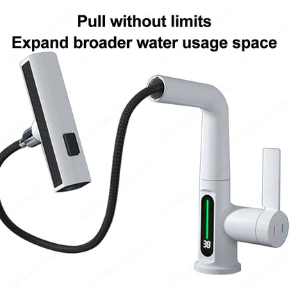 Waterfall Pull Out Kitchen Faucet White Intelligent Digital Display Cold Hot Mixer Taps Rotatable Sink Lifting Basin Faucet