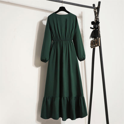 Frühling Herbst Mode weibliche Vestidos solide volle Ärmel O-Ausschnitt lässig Chiffon Kleid Frauen muslimischen langen Kleid Maxi kleider