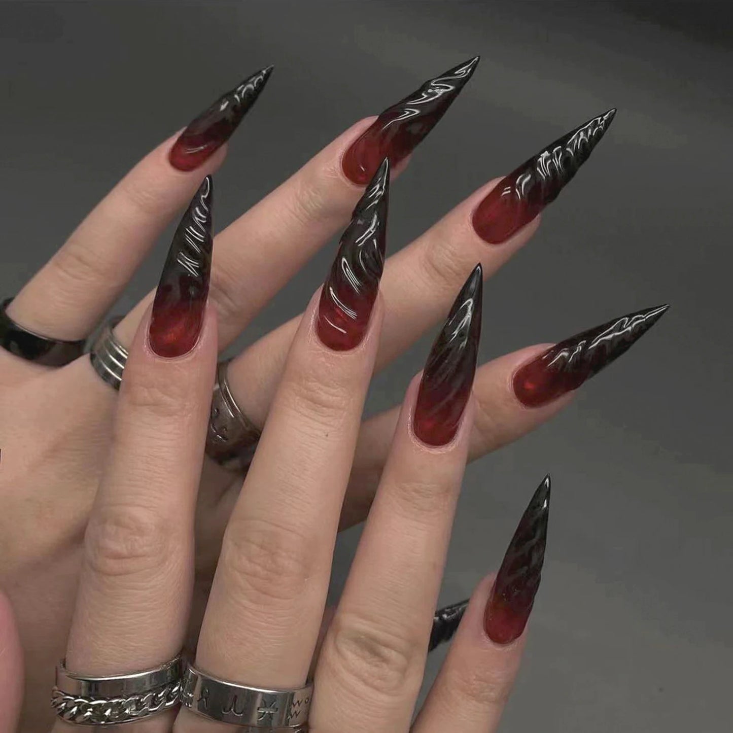 24pcs Blood Red Fake Nails Gradient Long Pointed False Nail Patch Full Cover Wearable Fake Nail Tips Halloween Manicure Sets.