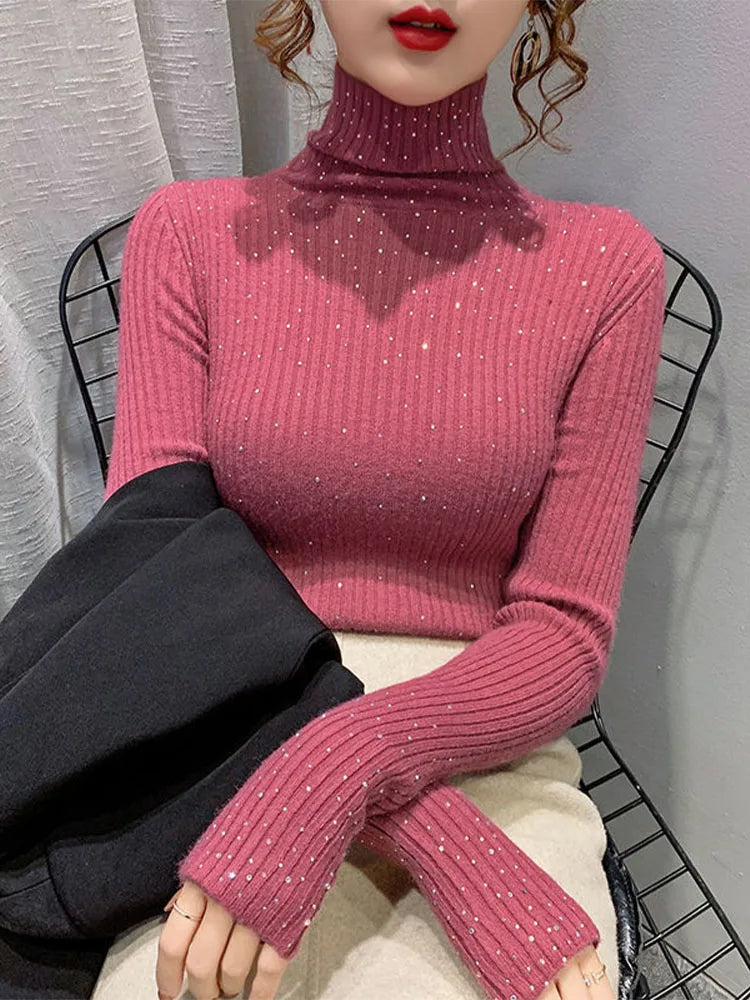 Women Clothing Fashion Elegant Turtleneck Pullover Autumn Winter Solid Slim Long Sleeve Sweater Office Lady Casual Dignified Top