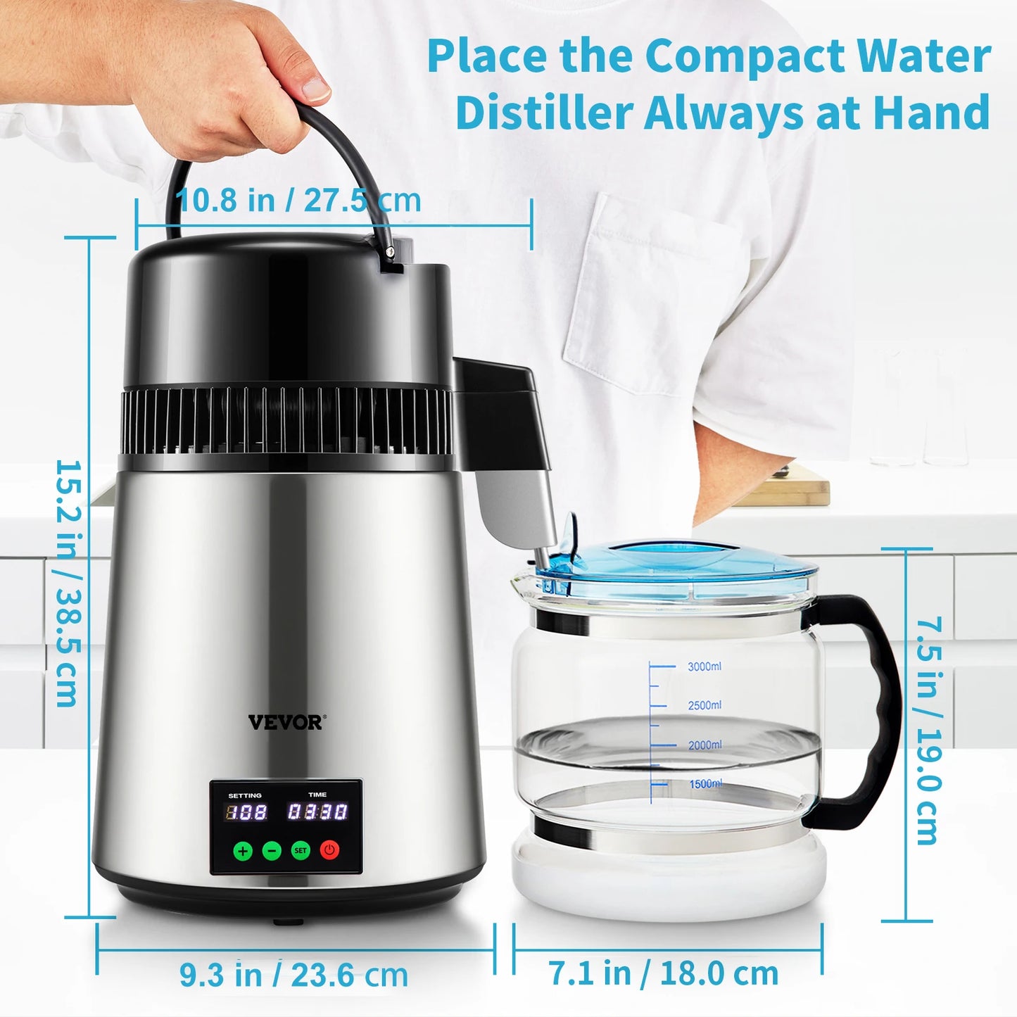 SucceBuy 4L Water Distiller Purifier Filter 1 L/H Distilling Speed Dispenser Drinking Bottle Softener Touch Screen Home Use.