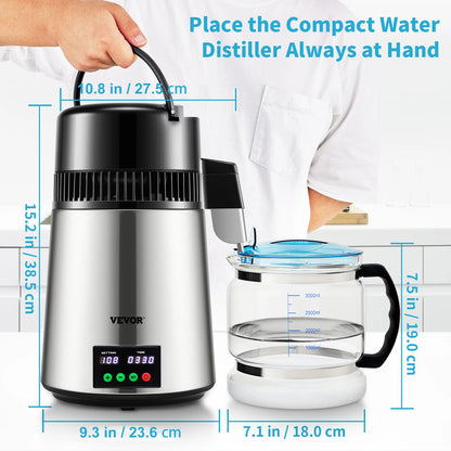 SucceBuy 4L Water Distiller Purifier Filter 1 L/H Distilling Speed Dispenser Drinking Bottle Softener Touch Screen Home Use.