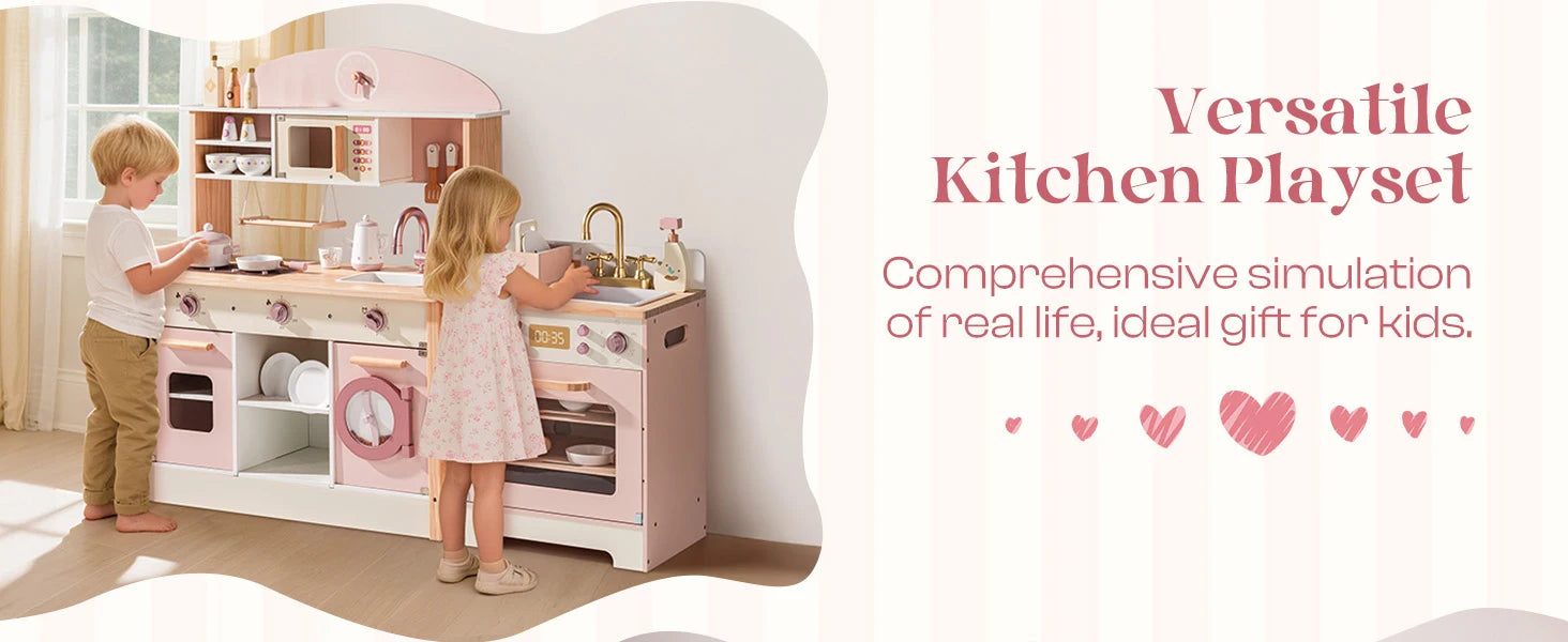 Robotime Robud Kids Corner Kitchen Playset Wooden Play Kitchen Set with Realistic Sound Pretend Play Gift for Boys Girls Pink.