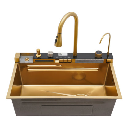 Multifunktionales Küchenspülbecken aus Edelstahl, goldenes Küchenset, mehrere Wasserauslassmodi, mit Siebwaschbecken und Waschbecken