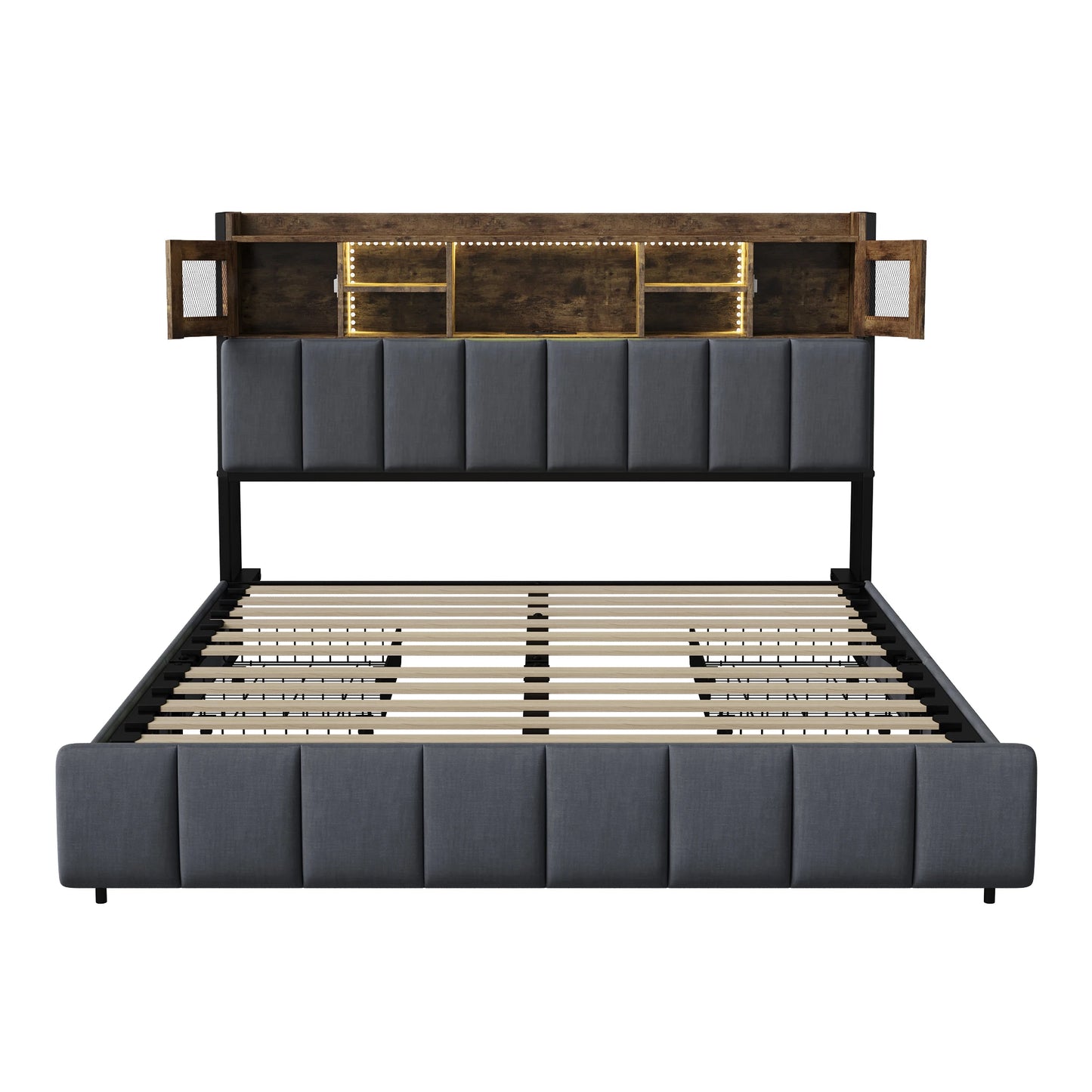 Rosahqnda Doppelbettgestell 140–160 x 200 cm mit LED, USB und Schubladen, gepolstertes Jugendbett, Wohnungsbett, Gästezimmer, Leinen, Grau