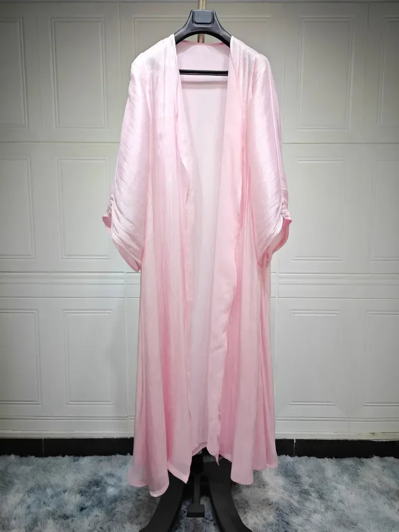 2025 Ramadan Satin muslimischen bescheidenen Kleid arabische Frauen öffnen Abaya Dubai islamische Langarm Cardigan Kleidung Truthahn schlichte Robe