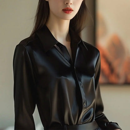 High Quality Silkly Satin Women's Shirt Office Ladies Long Sleeve Blouses Polo Neck Gold shirt Button Luxury Casual women tops