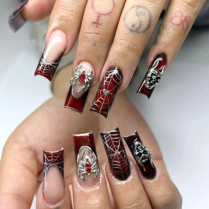 24pcs Sliver Spider Design Fake Nail Halloween Gothic Punk False Nail Tips Wearable European Heavy Metal Almond Press on Nails.