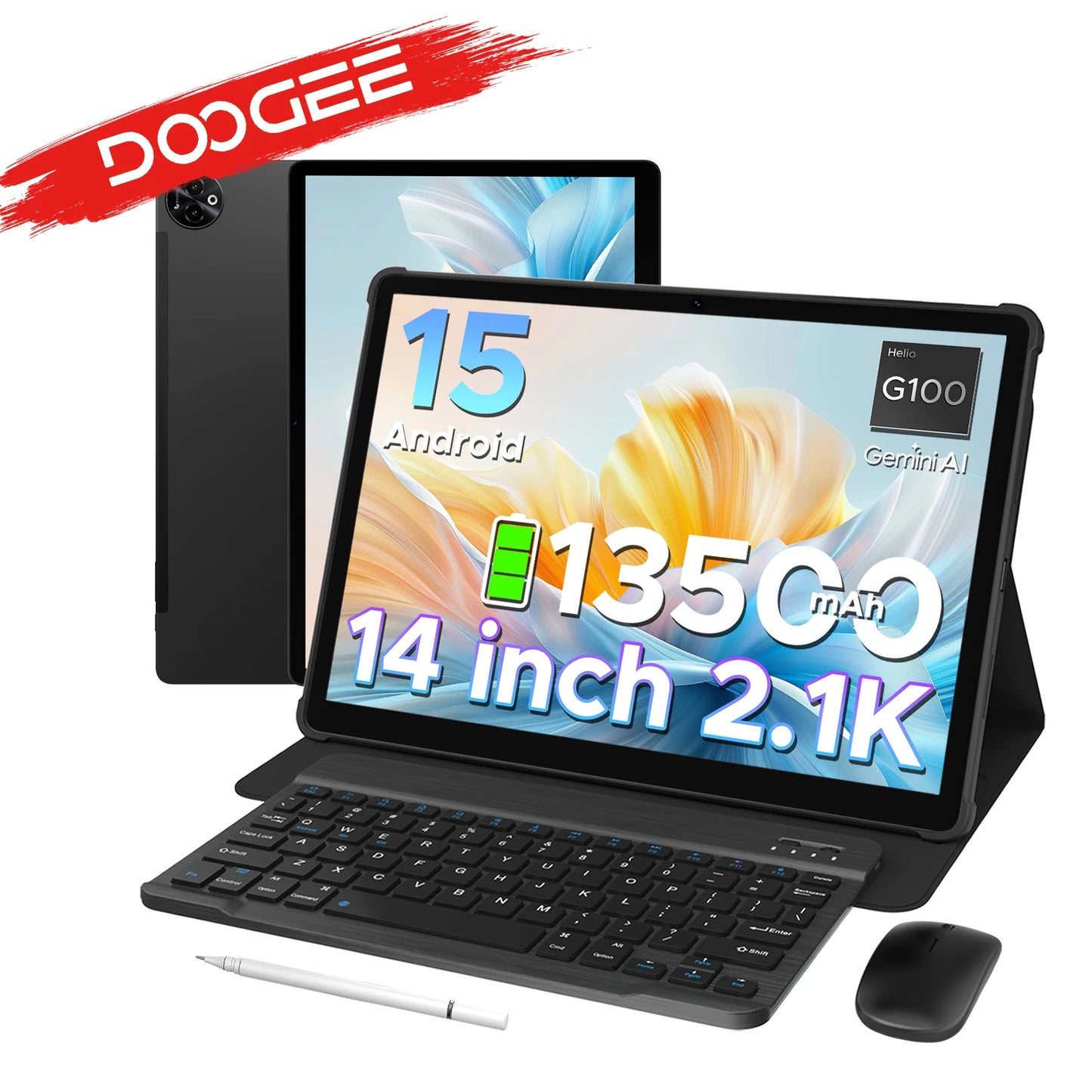 Doogee Tab E3 Max 2 in 1 Tablet Pc 14" 2.1K Display Android 15 32Gb (8+24) 256Gb 13500Mah Battery Qual Speaker Helio G100 Tablet.