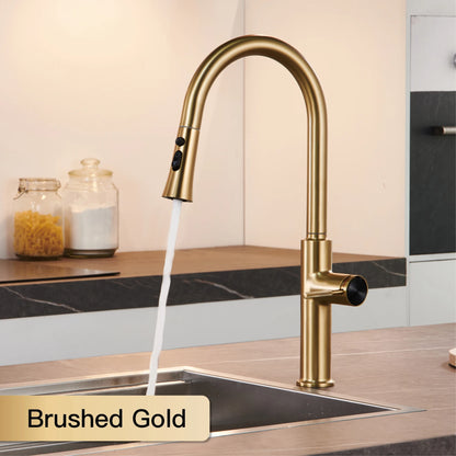 Luxury brushed gold kitchen faucet with pull-out design, 1-hole single handle cold and hot dual control dual function sink Tap