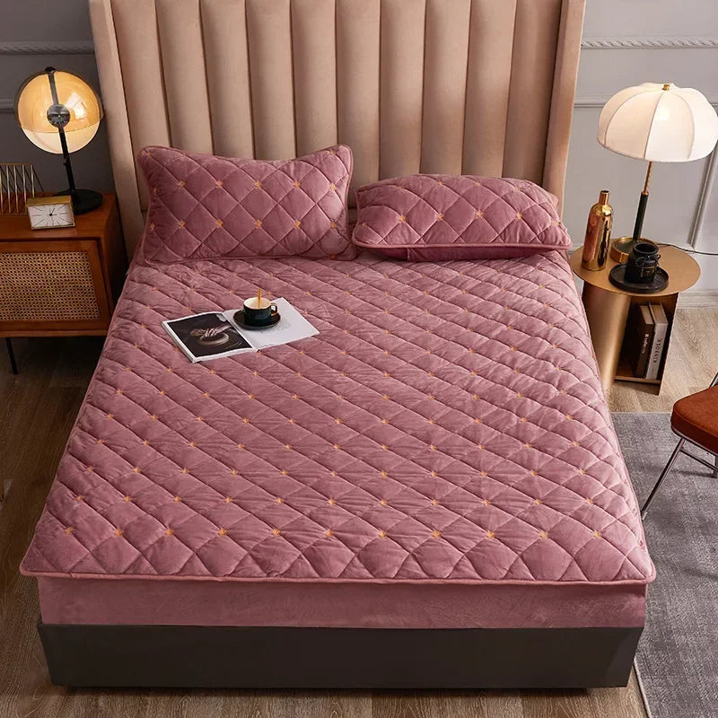 Embroidery Mattress Cover Thicken Soft Velvet Quilted Mattress Protector Cover Customized Fitted Sheet Not Including Pillowcase.
