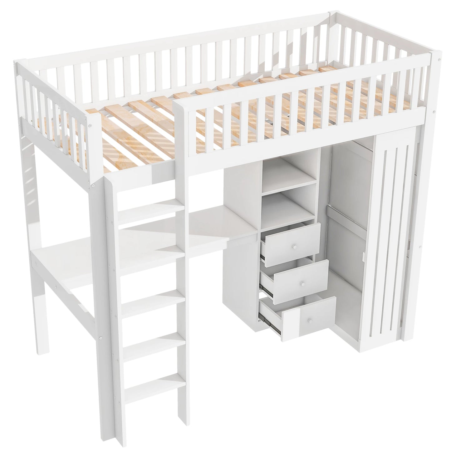 Merax Hochbett 90x200 cm Schreibtisch Kleiderschrank 3 Schubladen offener Stauraum Geländer Treppe ohne Matratze Weiß
