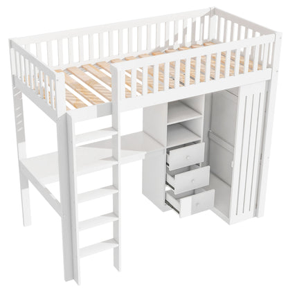 Merax Hochbett 90x200 cm Schreibtisch Kleiderschrank 3 Schubladen offener Stauraum Geländer Treppe ohne Matratze Weiß