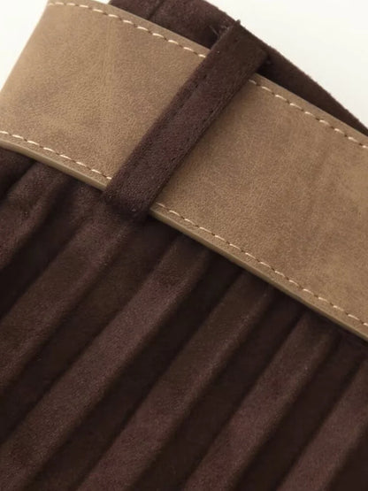 European and American style autumn new fashion trend casual simple women's matching belt suede effect pleated midi skirt.