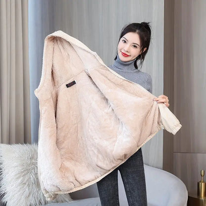 Women's Fleece Coat Winter Warm Thicken Solid Windbreaker Hooded Cotton Plush Hooded Jackets Casual Outdoor Windproof Jacket.