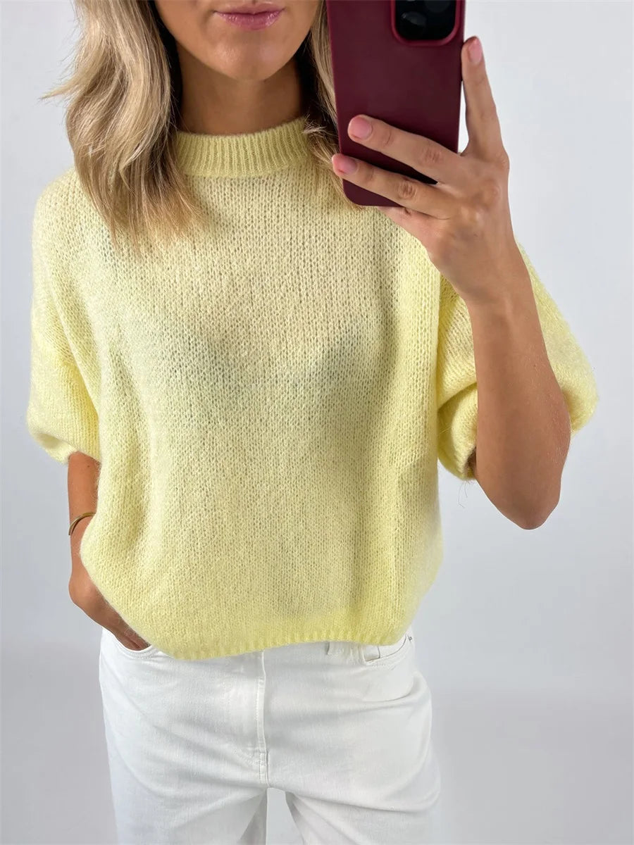 Damen Frühling Herbst Strickpullover Halbarm O Hals Einfarbig Lässige Strickwaren
