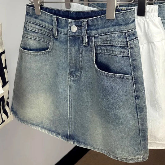 Summer New Womens Vintage Denim Skirts Korean Fashion High-Waisted Slim Mini Skirt Woman Elegant All-Match A- Line Bodycon Skirt.