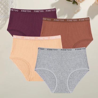 4Pcs/Set Women's Ribbed Striped Cotton Briefs Plus Size Panties Lady High Waist Breathable Underwear Solid Lingerie Shorts S-XXL
