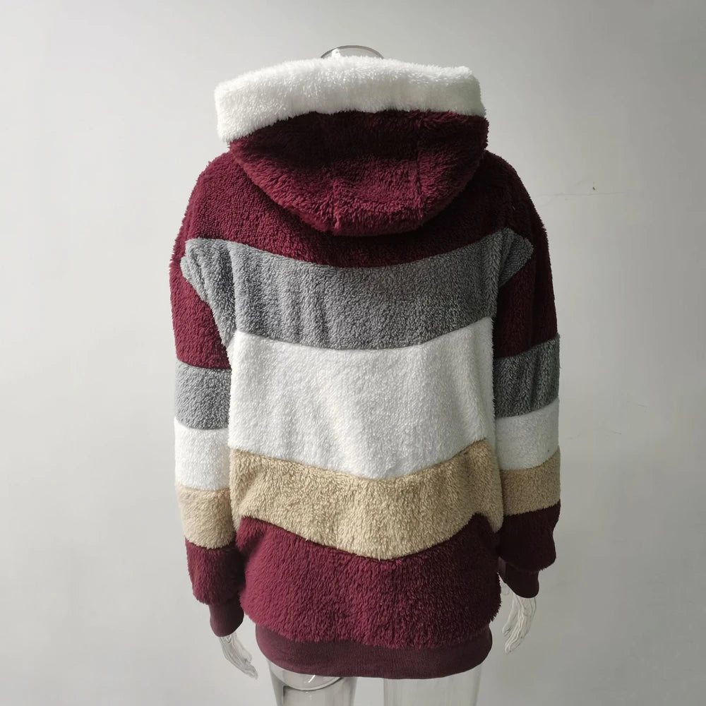 Übergroße Jacke für Frauen Mantel 2025, Herbst Winter, warm, Plüsch, Tasche, Kapuze, Streetwear, lockere Dame, Reißverschluss, Kaschmir-Oberbekleidung