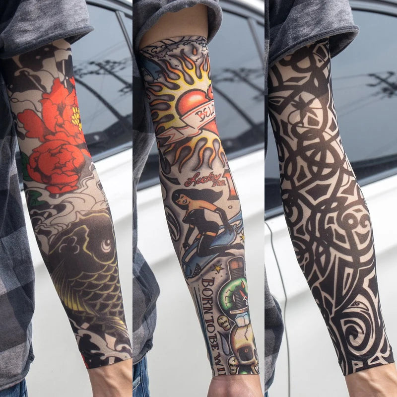 3PCS/lot new mixed 100%Nylon elastic Fake temporary tattoo sleeve skull wolf totem dragon designs body Arm stockings cool men.