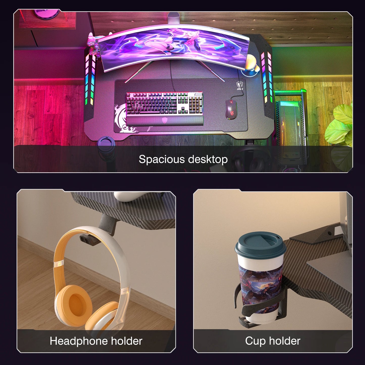 100 cm/120 cm RGB-Gaming-Schreibtisch, Computertisch mit LED-Leuchten und Getränkehalter