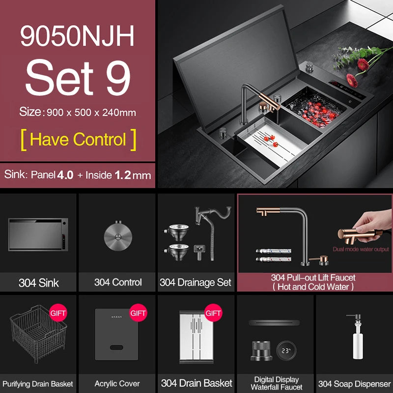 ASRAS Hidden Double Sinks Smart Purifying Kitchen Island Sinks Flip Cover Hidden 4mm Thickness Handmade kitchen Sinks