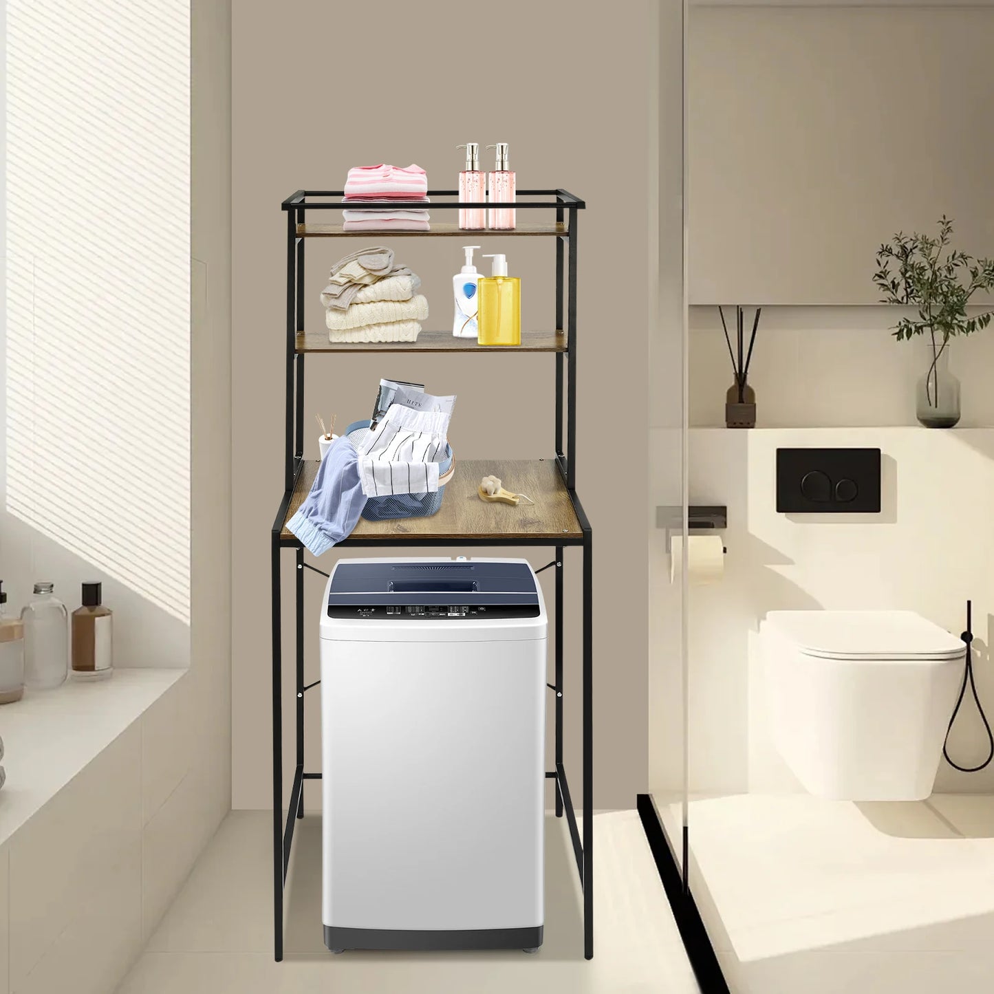 3-stufiges Aufbewahrungsregal für Waschmaschinen und Trockner, robustes Wäscheständer mit Bodenfach, Organizer-Ständer für Badezimmer, Waschküche