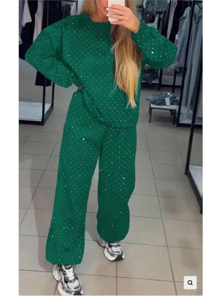 Fall Winter Rhinestone Shiny Loose Fit Set Women O Neck Sweatshirt Pullover Tie-up Pants Tracksuit Retro Loose Sport 2 Pice Set.
