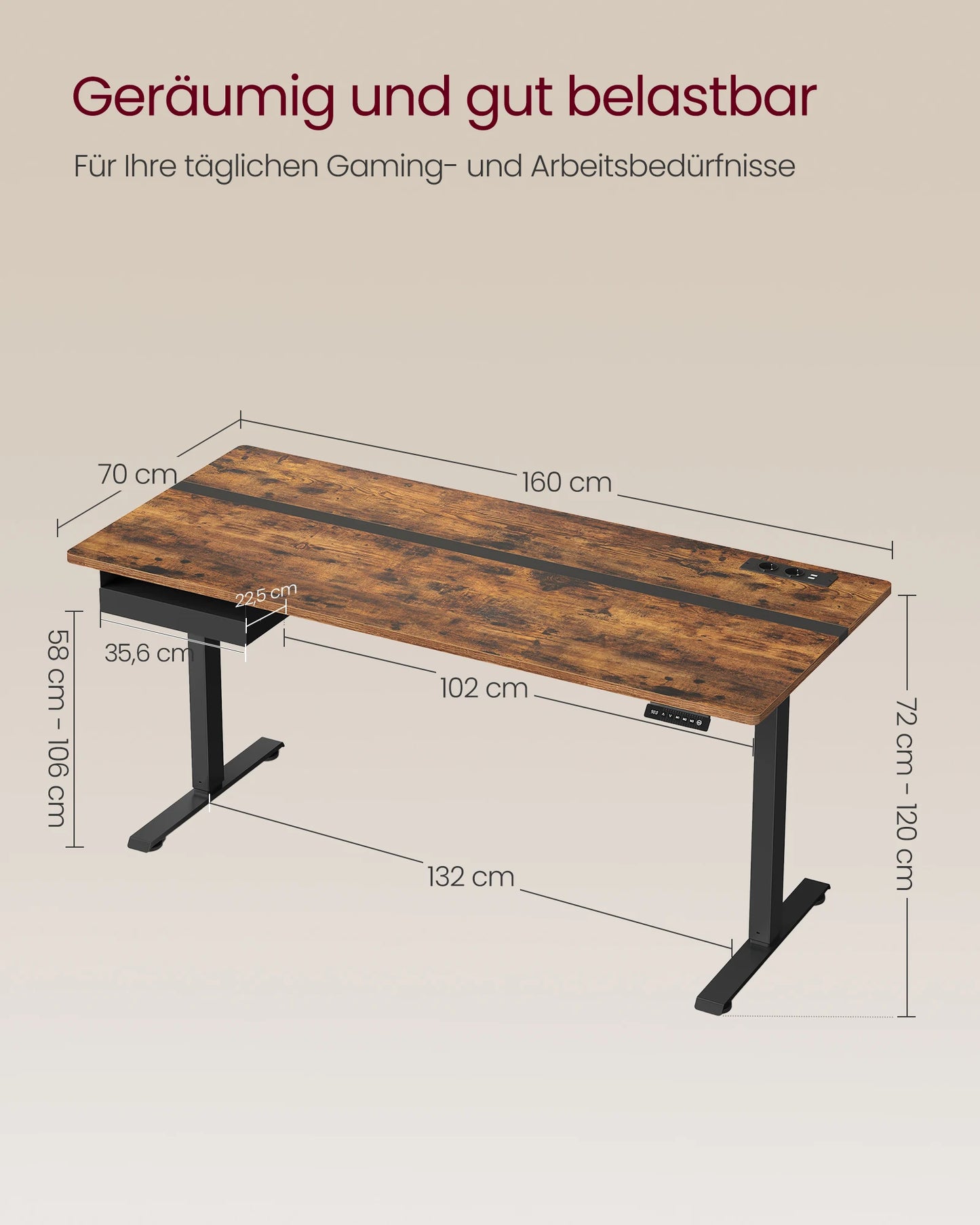 VASAGLE Höhenverstellbarer Schreibtisch elektrisch, 70 x 160 cm , stufenlos verstellbar, Memory-Funktion mit 4 Höhen