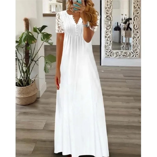 Frühjahr/Sommer Mode frauen Kurzarm Gedruckt Spitze Kleider Elegante frauen Weiß V-ausschnitt Slim Fit Party Lange vestidos