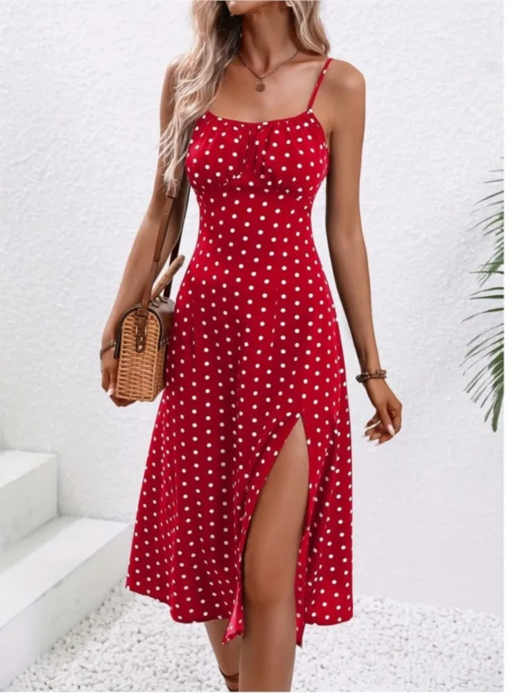 2024 sommer Sexy Spaghetti-trägern Kleid Frauen Mode Polka Dot Print Ärmelloses Schlitz Kleid Boho Casual Strand Midi Kleider.
