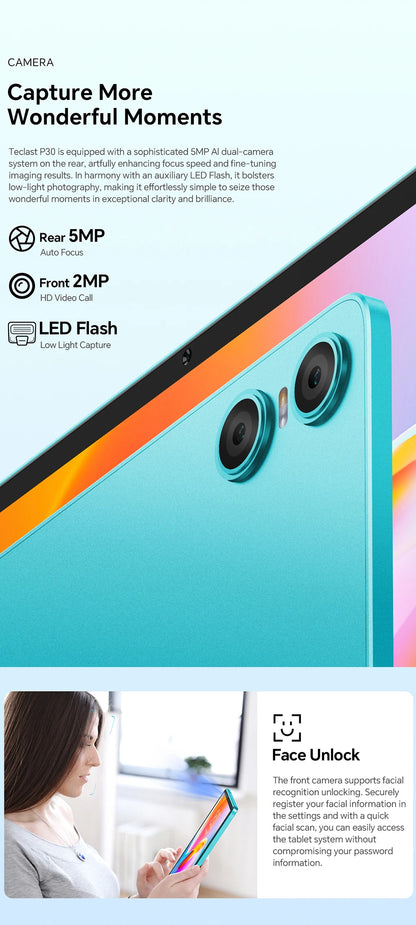 Teclast P30 Android 14 Tablet, UNISOC T606 Octa Core, 10.1" IPS, Max 12GB RAM, 128GB ROM, 6000mAh, 5MP AI Camera, Face Unlock.