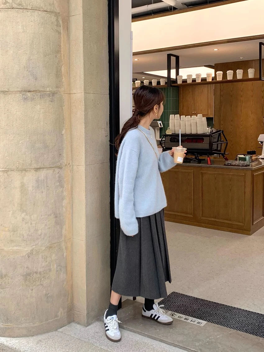 Thick Hepburn Style Woolen Pleated Skirt High Waist Slimming Casual Half Skirt Women Autumn Winter Unique Long Skirt.