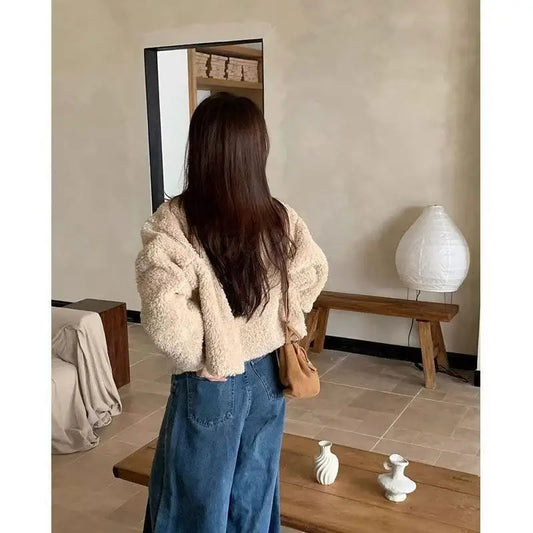 Frauen Herbst Winter Doppel Fleece Warme Verdicken Jacke drehen-unten Einreiher Kurze Oberbekleidung Lose Mode Lässig Mantel