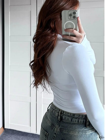 Solid Color High Neck Elegant  Tops For Woman Fashion Chic Pleated Long Sleeves Slim Shirt Spring Autumn Ladies Sexy Blouses.