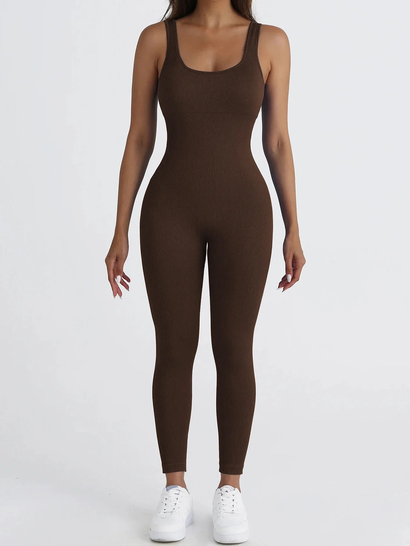 Women's jumpsuit yoga ribbed bodysuit seamless square neck leggings for sports and fitness.